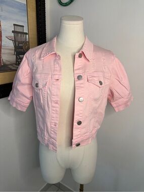 Risen Cropped Pink Short-Sleeve Denim Jacket - Feminine Pink Jean Jacket